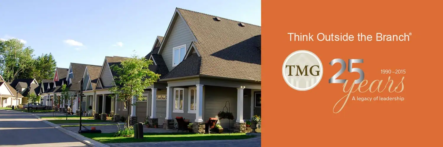 TMG The Mortgage Group 25th anniversary banner featuring suburban Canadian homes.